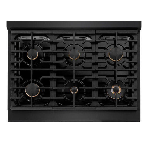 ZLINE Autograph Edition 36 in. 5.2 cu. ft. Paramount Gas Range with 6 Burner Cooktop and Convection Gas Oven in Black Stainless Steel with Polished Gold Helix Handle and Knob Accents (SGRBZ-36-KG)