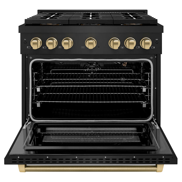 ZLINE Autograph Edition 36 in. 5.2 cu. ft. Paramount Gas Range with 6 Burner DuoPro™ Cooktop and Convection Gas Oven in Black Stainless Steel with Champagne Bronze Helix Handle and Accents (PSGRBZ-36-KCB)