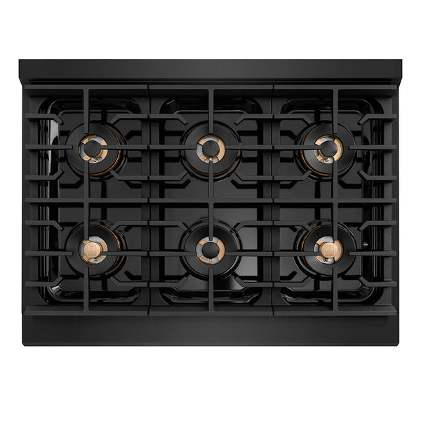 ZLINE Autograph Edition 36 in. 5.2 cu. ft. Paramount Gas Range with 6 Burner DuoPro™ Cooktop and Convection Gas Oven in Black Stainless Steel with Champagne Bronze Helix Handle and Accents (PSGRBZ-36-KCB)