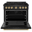 ZLINE Autograph Edition 36 in. 5.2 cu. ft. Paramount Gas Range with 6 Burner DuoPro™ Cooktop and Convection Gas Oven in Black Stainless Steel with Polished Gold Helix Handle and Accents (PSGRBZ-36-KG)