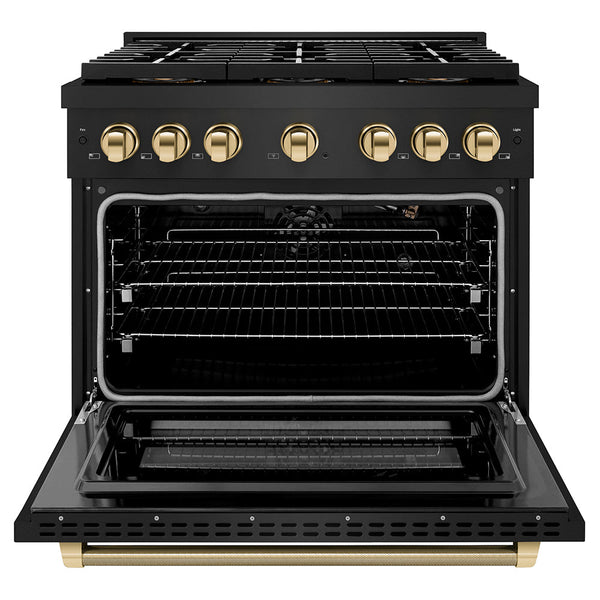 ZLINE Autograph Edition 36 in. 5.2 cu. ft. Paramount Gas Range with 6 Burner DuoPro™ Cooktop and Convection Gas Oven in Black Stainless Steel with Polished Gold Helix Handle and Accents (PSGRBZ-36-KG)