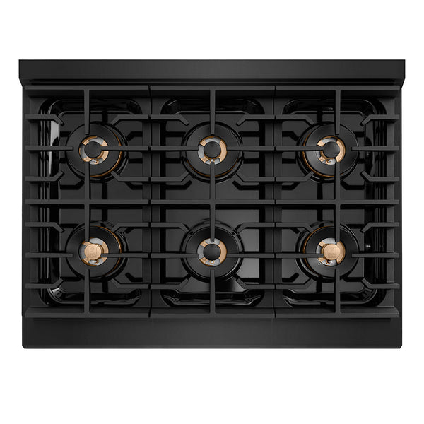 ZLINE Autograph Edition 36 in. 5.2 cu. ft. Paramount Gas Range with 6 Burner DuoPro™ Cooktop and Convection Gas Oven in Black Stainless Steel with Polished Gold Helix Handle and Accents (PSGRBZ-36-KG)