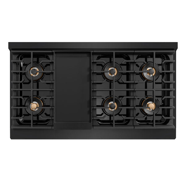 ZLINE Autograph Edition 48 in. 6.7 cu. ft. Paramount Gas Range with 8 Burner DuoPro™ Cooktop and Dual Ovens in Black Stainless Steel with Champagne Bronze Helix Handles and Accents (PSGRBZ-48-KCB)