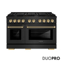 ZLINE Autograph Edition 48 in. 6.7 cu. ft. Paramount Gas Range with 8 Burner DuoPro™ Cooktop and Dual Ovens in Black Stainless Steel with Polished Gold Helix Handles and Accents (PSGRBZ-48-KG)