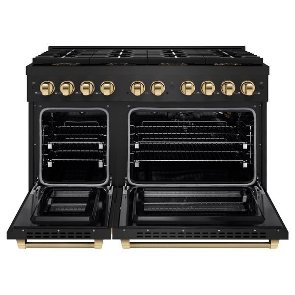 ZLINE Autograph Edition 48 in. 6.7 cu. ft. Paramount Gas Range with 8 Burner DuoPro™ Cooktop and Dual Ovens in Black Stainless Steel with Polished Gold Helix Handles and Accents (PSGRBZ-48-KG)