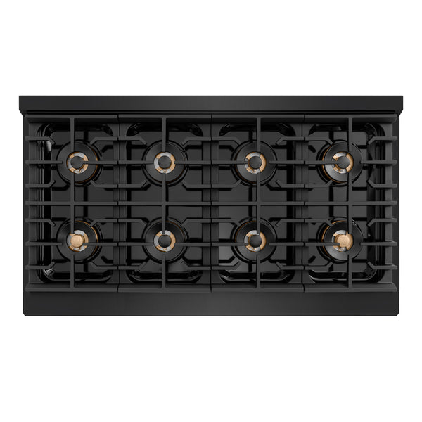 ZLINE Autograph Edition 48 in. 6.7 cu. ft. Paramount Gas Range with 8 Burner DuoPro™ Cooktop and Dual Ovens in Black Stainless Steel with Polished Gold Helix Handles and Accents (PSGRBZ-48-KG)