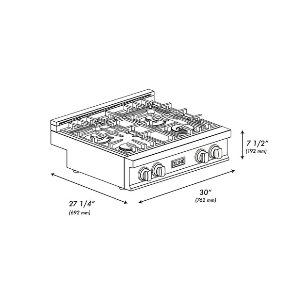 ZLINE 30 in. Classic Gas Rangetop with 4 Brass Burners and Porcelain Cooktop in Black Stainless Steel (RTB-BR-30)