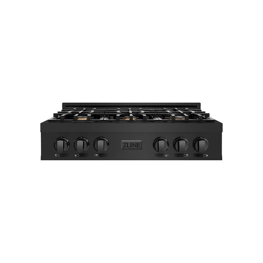 ZLINE 36 in. Classic Gas Rangetop with 6 Brass Burners and Porcelain Cooktop in Black Stainless Steel (RTB-BR-36)