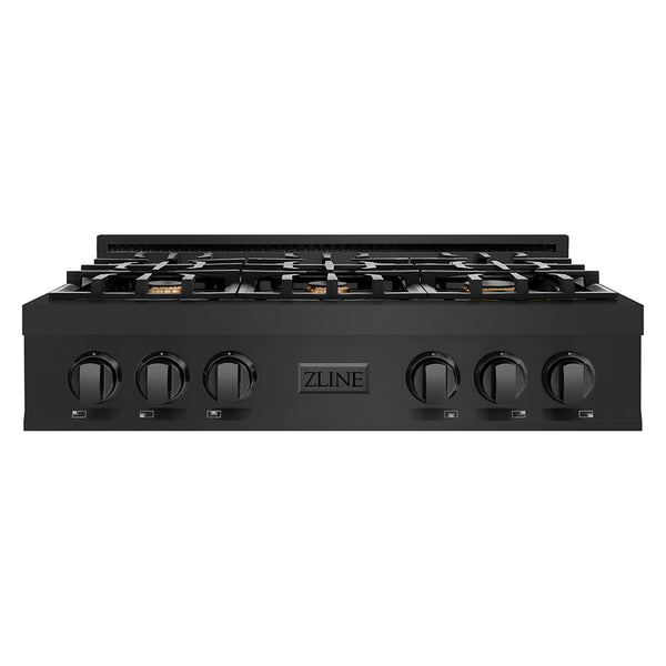 ZLINE 36 in. Classic Gas Rangetop with 6 Brass Burners and Porcelain Cooktop in Black Stainless Steel (RTB-BR-36)