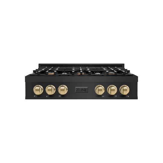 ZLINE Autograph Edition 36 in. Classic Gas Rangetop with 6 Burners and Porcelain Cooktop in Black Stainless Steel with Champagne Bronze Accents (RTBZ-36-CB)