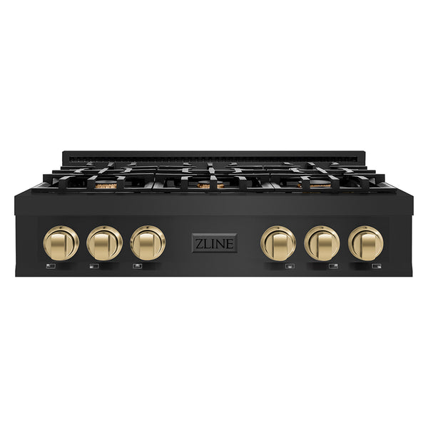 ZLINE Autograph Edition 36 in. Classic Gas Rangetop with 6 Burners and Porcelain Cooktop in Black Stainless Steel with Champagne Bronze Accents (RTBZ-36-CB)