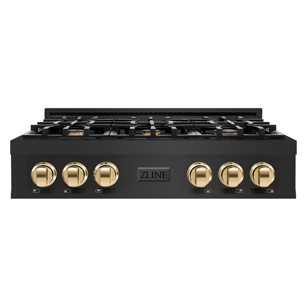 ZLINE Autograph Edition 36 in. Classic Gas Rangetop with 6 Burners and Porcelain Cooktop in Black Stainless Steel with Polished Gold Accents (RTBZ-36-G)