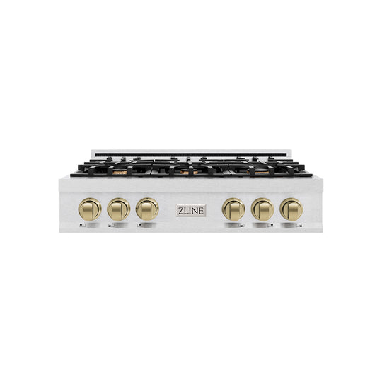 ZLINE Autograph Edition 36 in. Classic Gas Rangetop with 6 Burners and Porcelain Cooktop in Satin Stainless Steel with Champagne Bronze Accents (RTSZ-36-CB)