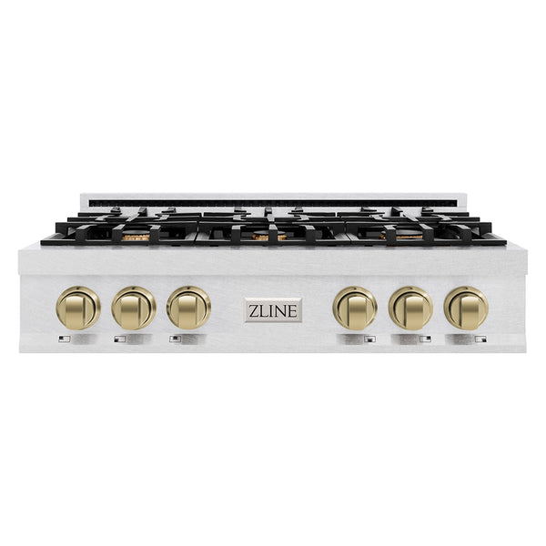 ZLINE Autograph Edition 36 in. Classic Gas Rangetop with 6 Burners and Porcelain Cooktop in Satin Stainless Steel with Champagne Bronze Accents (RTSZ-36-CB)