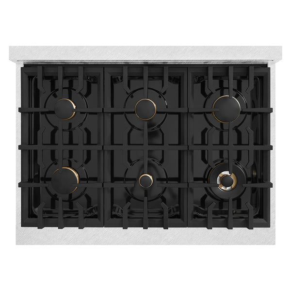 ZLINE Autograph Edition 36 in. Classic Gas Rangetop with 6 Burners and Porcelain Cooktop in Satin Stainless Steel with Champagne Bronze Accents (RTSZ-36-CB)