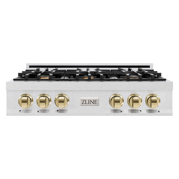 ZLINE Autograph Edition 36 in. Classic Gas Rangetop with 6 Burners and Porcelain Cooktop in Satin Stainless Steel with Polished Gold Accents (RTSZ-36-G)