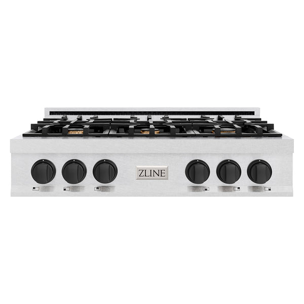 ZLINE Autograph Edition 36 in. Classic Gas Rangetop with 6 Burners and Porcelain Cooktop in Satin Stainless Steel with Matte Black Accents (RTSZ-36-MB)