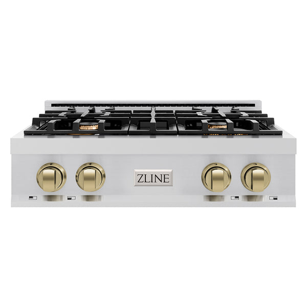 ZLINE Autograph Edition 30 in. Classic Gas Rangetop with 4 Burners and Porcelain Cooktop in Stainless Steel with Champagne Bronze Accents (RTZ-30-CB)