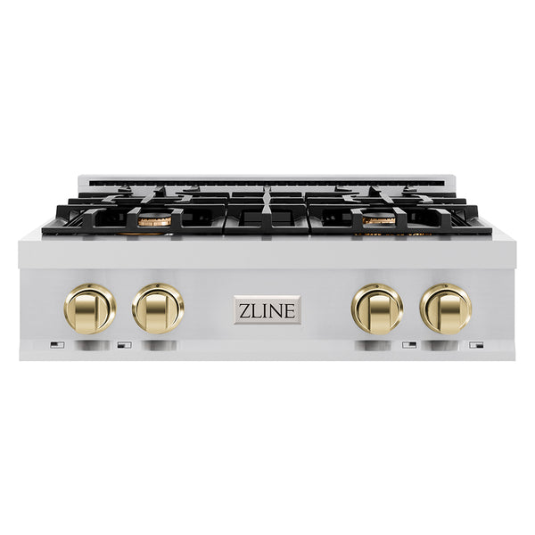 ZLINE Autograph Edition 30 in. Classic Gas Rangetop with 4 Burners and Porcelain Cooktop in Stainless Steel with Polished Gold Accents (RTZ-30-G)