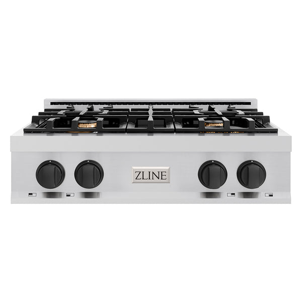 ZLINE Autograph Edition 30 in. Classic Gas Rangetop with 4 Burners and Porcelain Cooktop in Stainless Steel with Matte Black Accents (RTZ-30-MB)