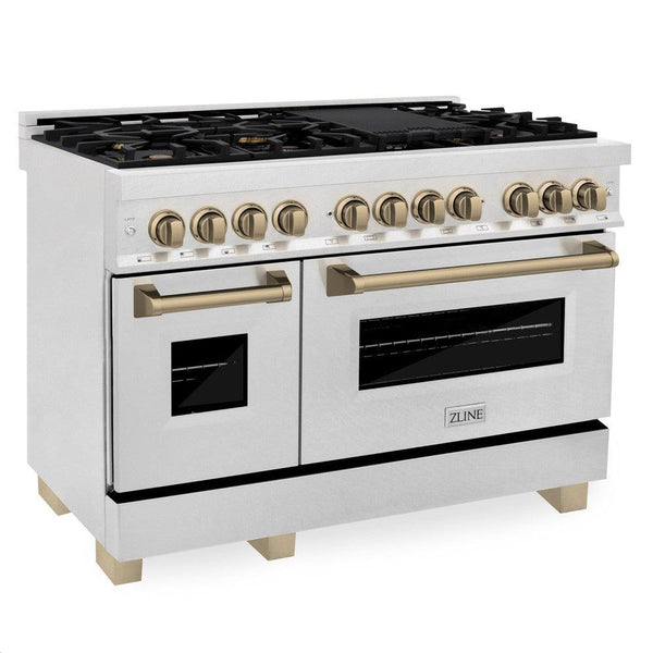 ZLINE Autograph Edition 48 in. 6.0 cu. ft. Dual Fuel Range with Gas Stove and Electric Oven in DuraSnow® Stainless Steel with Champagne Bronze Accents (RASZ-SN-48-CB) side, oven closed.