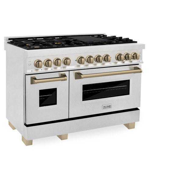 ZLINE Autograph Edition 48 in. 6.0 cu. ft. Dual Fuel Range with Gas Stove and Electric Oven in DuraSnow® Stainless Steel with Champagne Bronze Accents (RASZ-SN-48-CB) side, oven closed.