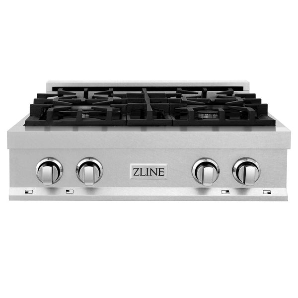 ZLINE 30 in. Porcelain Rangetop in DuraSnow® Stainless Steel with 4 Gas Burners (RTS-30) front, oven closed.