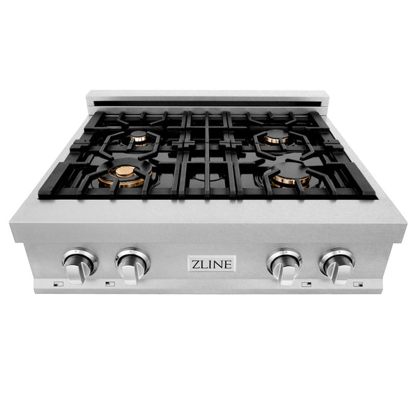 ZLINE 30 in. Porcelain Rangetop in DuraSnow® Stainless Steel with 4 Gas Brass Burners (RTS-BR-30) front, high angle