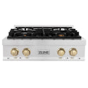 ZLINE Autograph Edition 30 in. Porcelain Rangetop with 4 Gas Burners in DuraSnow® Stainless Steel with Polished Gold Accents (RTSZ-30-G) front, oven closed.