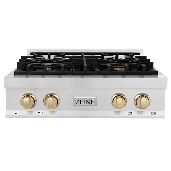 ZLINE Autograph Edition 30 in. Porcelain Rangetop with 4 Gas Burners in DuraSnow® Stainless Steel with Polished Gold Accents (RTSZ-30-G) front, oven closed.