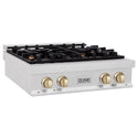ZLINE Autograph Edition 30 in. Porcelain Rangetop with 4 Gas Burners in DuraSnow® Stainless Steel with Polished Gold Accents (RTSZ-30-G) side.