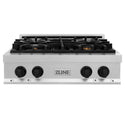 ZLINE Autograph Edition 30 in. Porcelain Rangetop with 4 Gas Burners in DuraSnow® Stainless Steel with Matte Black Accents (RTSZ-30-MB) front, oven closed.