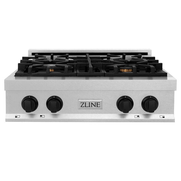 ZLINE Autograph Edition 30 in. Porcelain Rangetop with 4 Gas Burners in DuraSnow® Stainless Steel with Matte Black Accents (RTSZ-30-MB) front, oven closed.