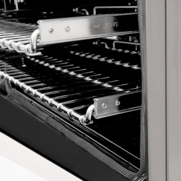 ZLINE 24 in. Professional Dual Fuel Range in Stainless Steel (RA24) close-up, SmoothGlide ball-bearing adjustable racks inside oven from side.