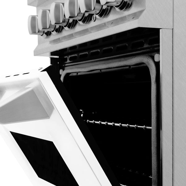 ZLINE 24 in. 2.8 cu. ft. Legacy Dual Fuel Range with 4 Burner Gas Cooktop and Electric Convection Oven in Satin Stainless Steel with White Matte Door and Griddle (RAS-WM-GR-24)