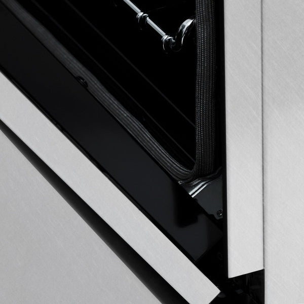 Close-up StayPut Oven Door Hinges on ZLINE Autograph Edition 48 in. 6.0 cu. ft. Dual Fuel Range with Gas Stove and Electric Oven in DuraSnow® Stainless Steel with Matte Black Accents (RASZ-SN-48-MB)