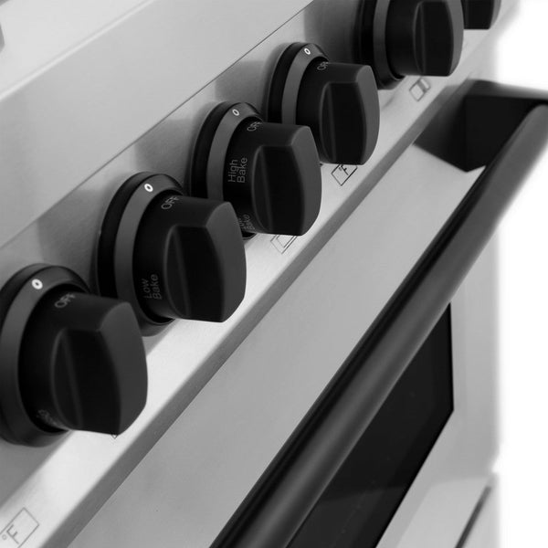 ZLINE Autograph Edition 48 in. Kitchen Package with Stainless Steel Dual Fuel Range and Range Hood with Matte Black Accents (2AKP-RARH48-MB) oven door close-up.