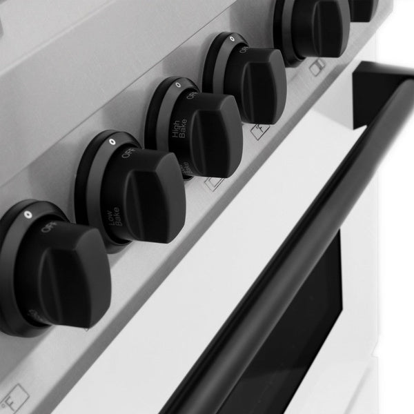 ZLINE Autograph Edition 48 in. Kitchen Package with Stainless Steel Dual Fuel Range with White Matte Door and Range Hood with Matte Black Accents (2AKP-RAWMRH48-MB) oven door close-up.