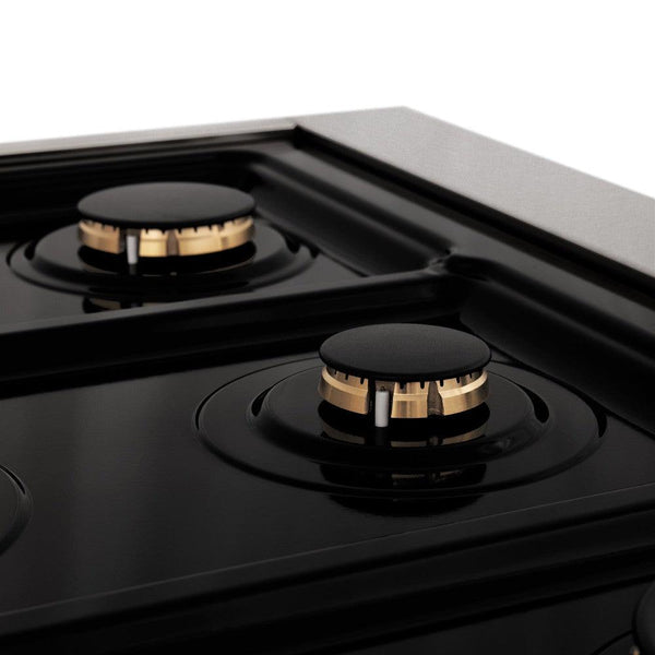 Close-up gas burners on black porcelain cooktop of ZLINE Autograph Edition 36 in. 4.6 cu. ft. Dual Fuel Range with Gas Stove and Electric Oven in DuraSnow® Stainless Steel with Champagne Bronze Accents (RASZ-SN-36-CB)