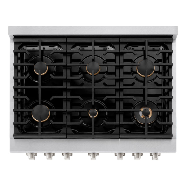 ZLINE 36 in. 5.2 cu. ft. Paramount Dual Fuel Range with Gas Cooktop and Electric Convection Oven in Satin Stainless Steel with 6 Brass Burners (SDRS-BR-36)