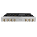 ZLINE Autograph Edition 48 in. Porcelain Rangetop with 7 Gas Burners in DuraSnow® Stainless Steel and Champagne Bronze Accents (RTSZ-48-CB) front, oven closed.