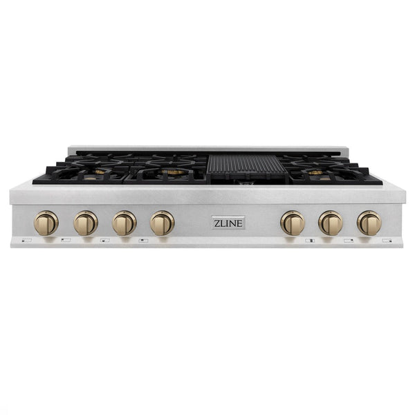 ZLINE Autograph Edition 48 in. Porcelain Rangetop with 7 Gas Burners in DuraSnow® Stainless Steel and Champagne Bronze Accents (RTSZ-48-CB) front, oven closed.