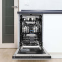 ZLINE 18" Tallac Series Dishwasher in DuraSnow in a kitchen with door open.