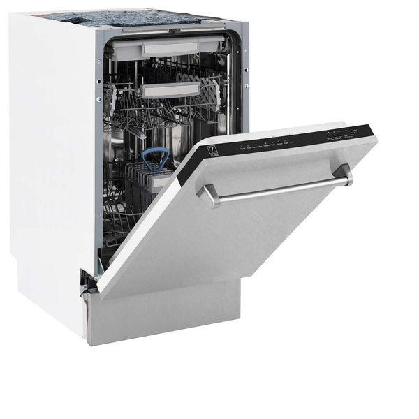 ZLINE 18 in. Tallac Series 3rd Rack Top Control Dishwasher with a Stainless Steel Tub with Fingerprint Resistant Stainless Steel Panel, 51dBa (DWV-SN-18) side, half open.