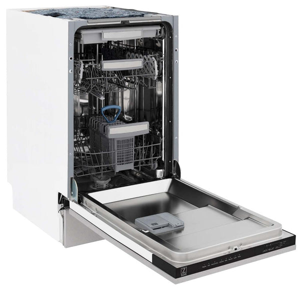 ZLINE 18 in. Tallac Series 3rd Rack Top Control Dishwasher with a Stainless Steel Tub with Fingerprint Resistant Stainless Steel Panel, 51dBa (DWV-SN-18) side, open.