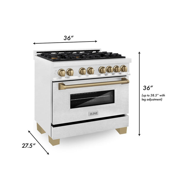 ZLINE Autograph Edition 36 in. 4.6 cu. ft. Dual Fuel Range with Gas Stove and Electric Oven in DuraSnow® Stainless Steel with Champagne Bronze Accents (RASZ-SN-36-CB) dimensional diagram with measurements.