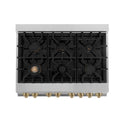 ZLINE Autograph Edition 36 in. 4.6 cu. ft. Dual Fuel Range with Gas Stove and Electric Oven in DuraSnow® Stainless Steel with Champagne Bronze Accents (RASZ-SN-36-CB) from above showing cooktop with gas burners and cast-iron grates.