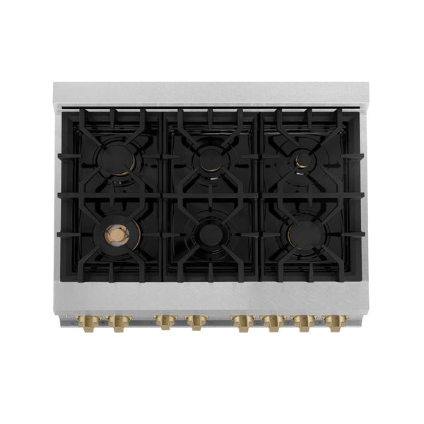 ZLINE Autograph Edition 36 in. 4.6 cu. ft. Dual Fuel Range with Gas Stove and Electric Oven in DuraSnow® Stainless Steel with Champagne Bronze Accents (RASZ-SN-36-CB) from above showing cooktop with gas burners and cast-iron grates.