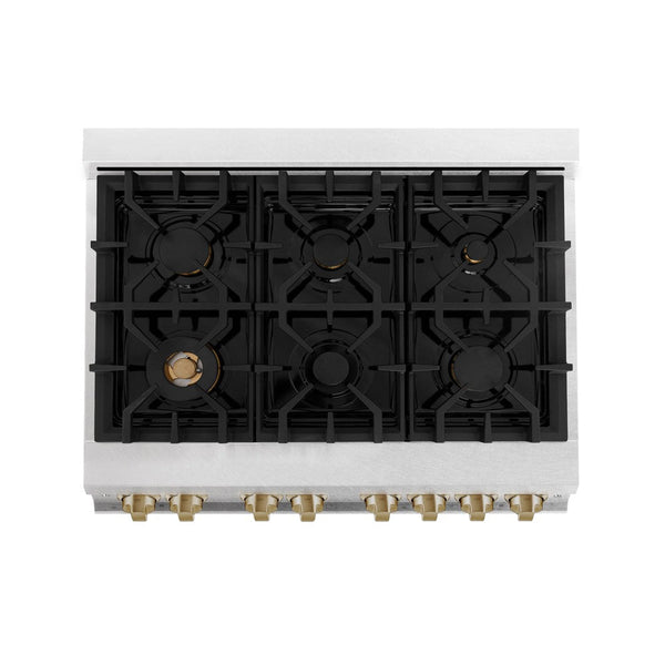 ZLINE Autograph Edition 36 in. 4.6 cu. ft. Dual Fuel Range with Gas Stove and Electric Oven in DuraSnow® Stainless Steel with White Matte Door and Champagne Bronze Accents (RASZ-WM-36-CB) from above showing cooktop with gas burners and cast-iron grates.