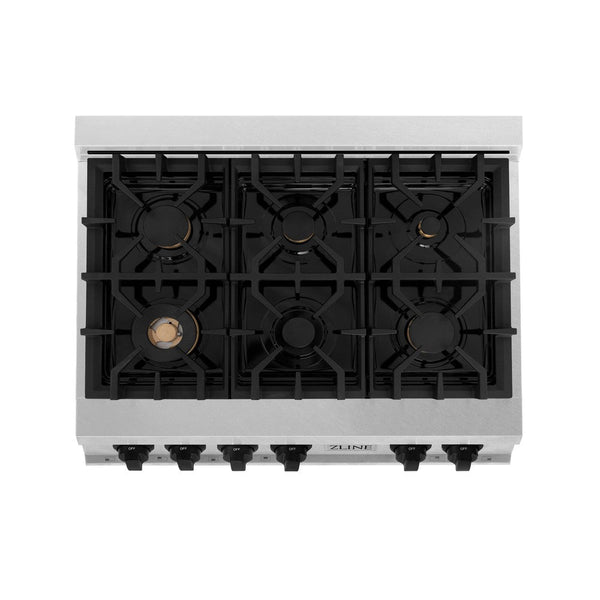 ZLINE Autograph Edition 36 in. Porcelain Rangetop with 6 Gas Burners in DuraSnow® Stainless Steel with Matte Black Accents (RTSZ-36-MB) from above showing gas burners and cast-iron grates.